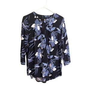 Liz Claiborne Floral Round Neck Long Sleeve Button Front Blouse Black Small
